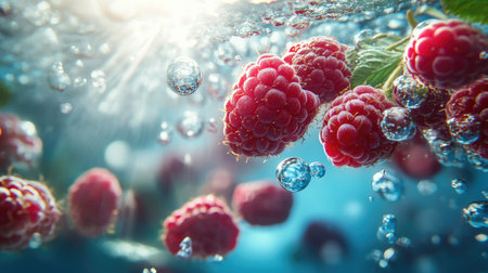 Fresh raspberries creating a mesmerizing underwater scene, surrounded by floating bubbles and soft light.の素材