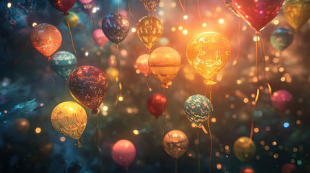 A whimsical collection of balloons floating freely against a magical, fairy-tale-inspired background.の素材