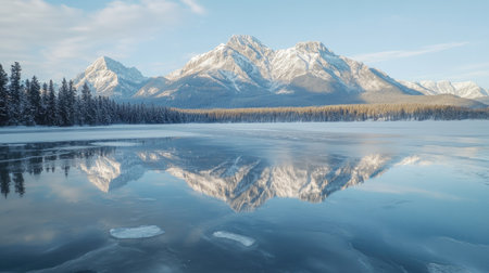 Smooth, mirror-like ice on a frozen lake reflecting the surrounding snowy mountains.の素材