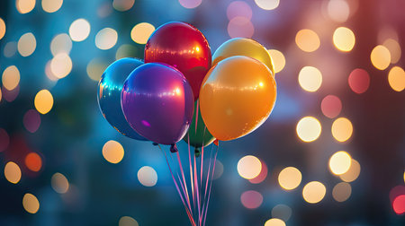 Floating rainbow balloons gently swaying in a soft-focus carnival lights backdrop.の素材