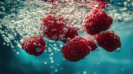 Underwater view of raspberries dropping into water, with bubbles clinging to their textured surface.の素材