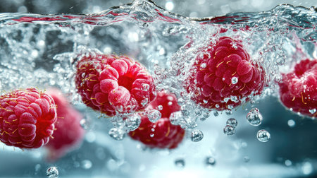 Fresh raspberries plunging into crystal-clear water, creating dynamic splashes and rising air bubbles.の素材