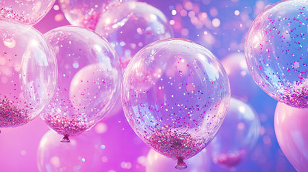 Floating transparent balloons filled with confetti against a dazzling pink and purple background.の素材