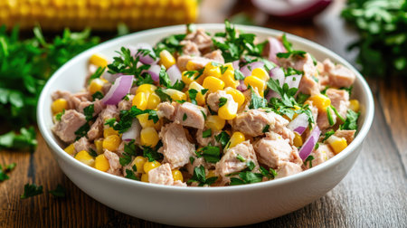 A vibrant gourmet tuna salad with canned tuna, corn, red onions, and fresh parsley served in a white bowl.の素材