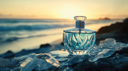 A beautifully designed perfume bottle with the sea breeze in the background, adding an oceanic and refreshing atmosphere to the shot.の素材