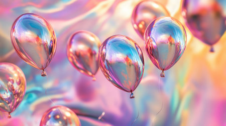 Metallic helium balloons reflecting light as they float above a vibrant, abstract color splash.の素材