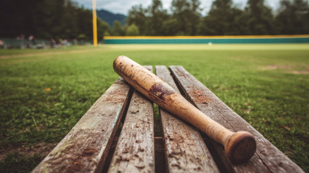 A wooden bat separated into two pieces, laying on an outdoor bench surrounded by sports equipment and a green field in the backgroundの素材
