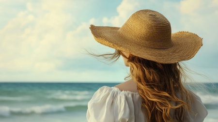 A woman with a wide-brimmed straw hat, strolling along the shoreline with the sea stretching out in front of her.の素材