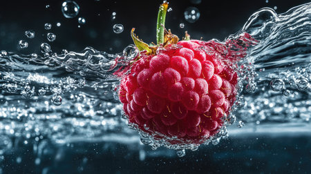Close-up of a single raspberry submerged in water, surrounded by tiny air bubbles and a dynamic splash.の素材