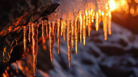 Icicles on a frozen overhang, catching the last light of day in radiant orange tones.の素材