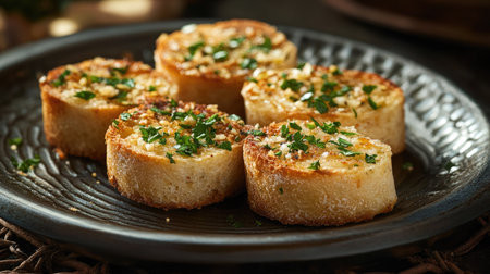 Warm slices of garlic bread resting on a ceramic plate, garnished with finely chopped parsley.の素材