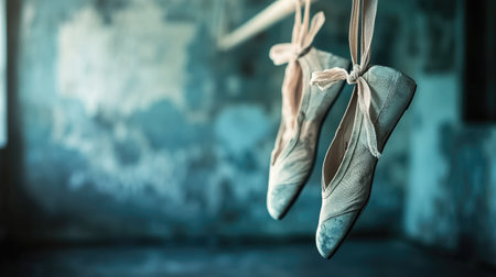 Worn ballet slippers tied together, hanging gracefully from a barre in a dimly lit studio.の素材
