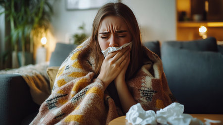 A young woman in a cozy home environment, coughing and holding her stomach, wrapped in a blanket, with a pile of tissues on the coffee tableの素材