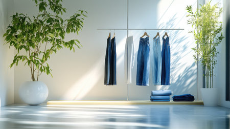 A sleek rack showcasing trendy blue jeans, neatly hung and arranged against a bright, clean background.の素材
