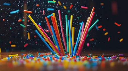 A playful shot of colorful straws lying randomly on a table, showcasing a burst of color.の素材