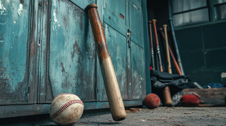 A wooden baseball bat snapped in half, leaning against a weathered locker, with sports equipment scattered in the backgroundの素材
