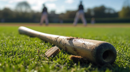 A broken wooden bat, separated into two pieces, lying on a grass field, with blurred baseball players in the backgroundの素材