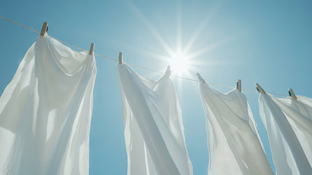 Close-up of white clothes hung on a washing line, billowing in the wind against a clear, sunny sky with a natural, peaceful ambianceの素材