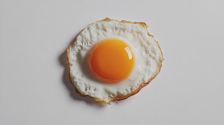 A single fried egg with a slightly runny yolk and firm whites, placed on a white background.の素材