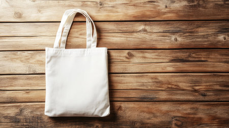 A blank white tote bag mockup placed on a wooden surface, perfect for design presentations.の素材