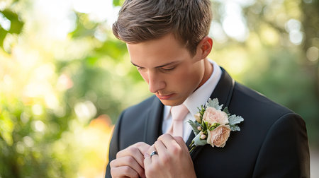 A candid shot of a groom looking at his boutonniere with a thoughtful expression.の素材