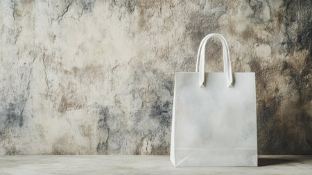 A white paper shopping bag mockup leaning against a textured wall, showcasing branding potential.の素材