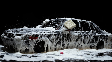 A car covered in a layer of white soap foam at a car wash, with a sponge being used to scrub away dirt and grime from the bodyの素材