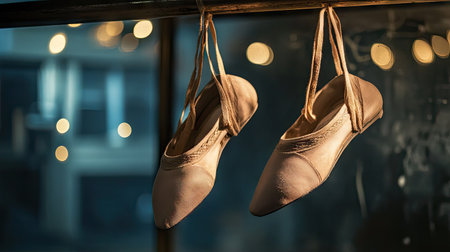 Worn ballet slippers tied together, hanging gracefully from a barre in a dimly lit studio.の素材
