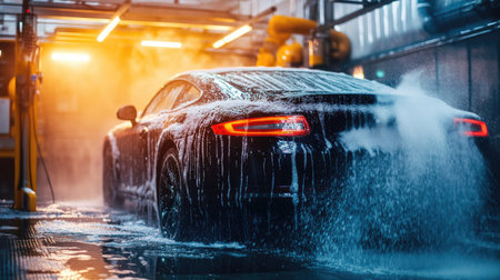 A car in the middle of a car wash, with soap foam covering the body and a person rinsing it off with a hose, revealing the clean finishの素材