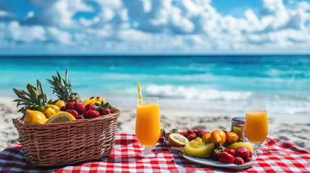 A beach picnic setup with a red checkered tablecloth, fresh fruit, and refreshing drinks against a stunning ocean backdrop.の素材