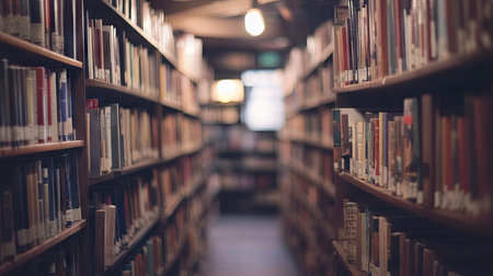 A soft-focus image of a bookstore interior, with rows of bookshelves fading into the distance.の素材