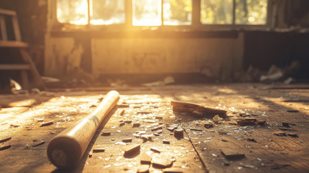 A broken wooden baseball bat laid out on an old wooden table with pieces of the bat scattered around, and sunlight streaming through a windowの素材