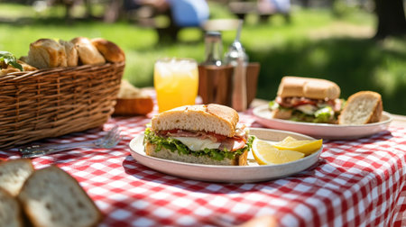 A bright and cheerful picnic scene with a red checkered tablecloth on a wooden table, plates of sandwiches, and refreshing lemonade.の素材