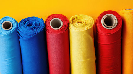 A set of vibrant cotton fabric rolls in bold primary colors like red, blue, and yellow, isolated against a clean background.の素材