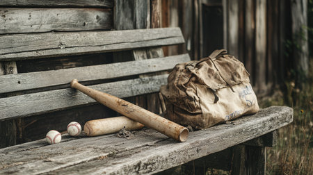A broken wooden baseball bat placed on an old wooden bench, with a vintage sports bag and faded baseballs nearbyの素材