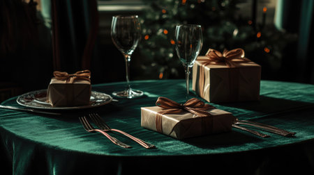 A sophisticated holiday dinner setup with a dark green velvet tablecloth, silverware, and beautifully wrapped presents on the table.の素材