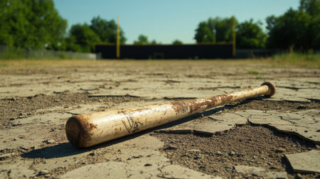 A broken wooden baseball bat lying across a cracked baseball field, with worn bases and a distant dugout in the backgroundの素材