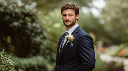 A groom in a navy-blue suit standing confidently with his boutonniere adding a refined touch.の素材