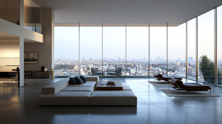 A stylish open-concept living room in a luxury apartment, featuring a minimalist design with floor-to-ceiling windows and elegant furnishings.の素材