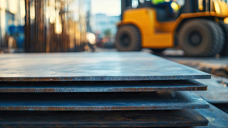 Close-up of heavy metal sheets being moved with a forklift at a construction site, showing the scale and strength of materials used for industrial buildings.の素材