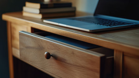 A wooden drawer halfway open on a desk, with the edge of a laptop and a stack of books partially visible, symbolizing a productive work session.の素材