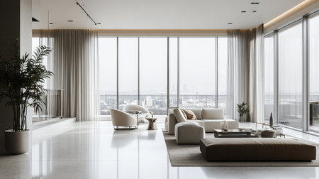 A stylish open-concept living room in a luxury apartment, featuring a minimalist design with floor-to-ceiling windows and elegant furnishings.の素材