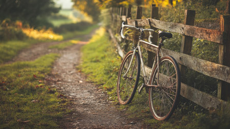 A stylish gravel bike leaning against a rustic wooden fence on a countryside road.の素材