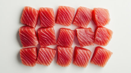 A top-down view of fresh tuna slices placed symmetrically on a simple, plain background.の素材