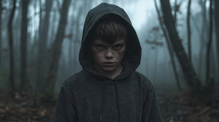 A young boy with a dark sweatshirt and hood, walking through a foggy forest, his face hidden under the hood, adding an air of mystery.の素材