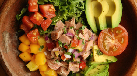 A top-down view of canned tuna with a fresh salad, avocado slices, and colorful vegetables on a rustic plate.の素材