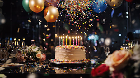 A surprise birthday celebration with a cake, candles, balloons, and confetti explosion.の素材