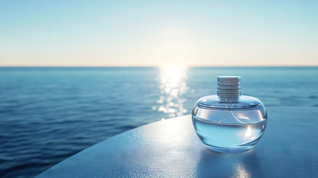 A luxury perfume bottle with a sleek design, set against the stunning backdrop of the deep blue sea and the clear sky.の素材