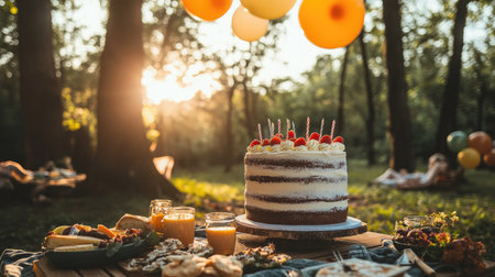 A sunset birthday picnic with a rustic cake, floating balloons, and a cozy outdoor table.の素材