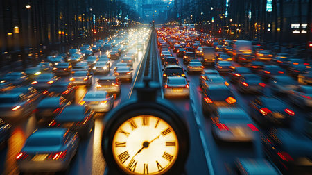 A time-lapse shot of cars moving in a rush hour traffic, with a clock overlay spinning rapidly, emphasizing speed.の素材